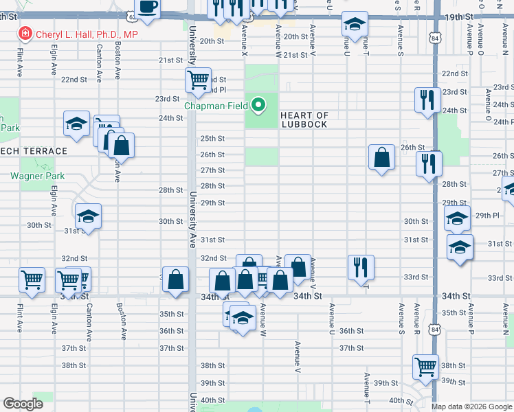 map of restaurants, bars, coffee shops, grocery stores, and more near 2314 29th Street in Lubbock