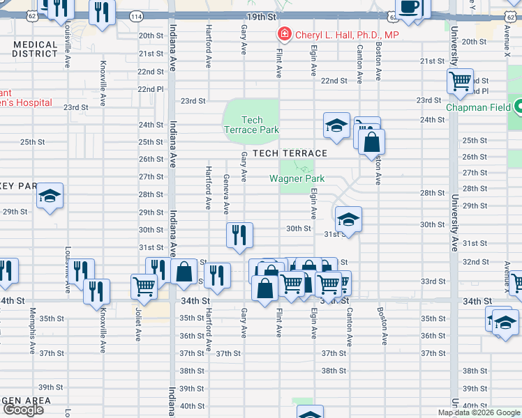 map of restaurants, bars, coffee shops, grocery stores, and more near 3117 28th Street in Lubbock