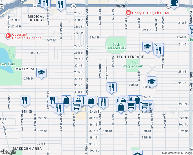 map of restaurants, bars, coffee shops, grocery stores, and more near 3303 28th Street in Lubbock