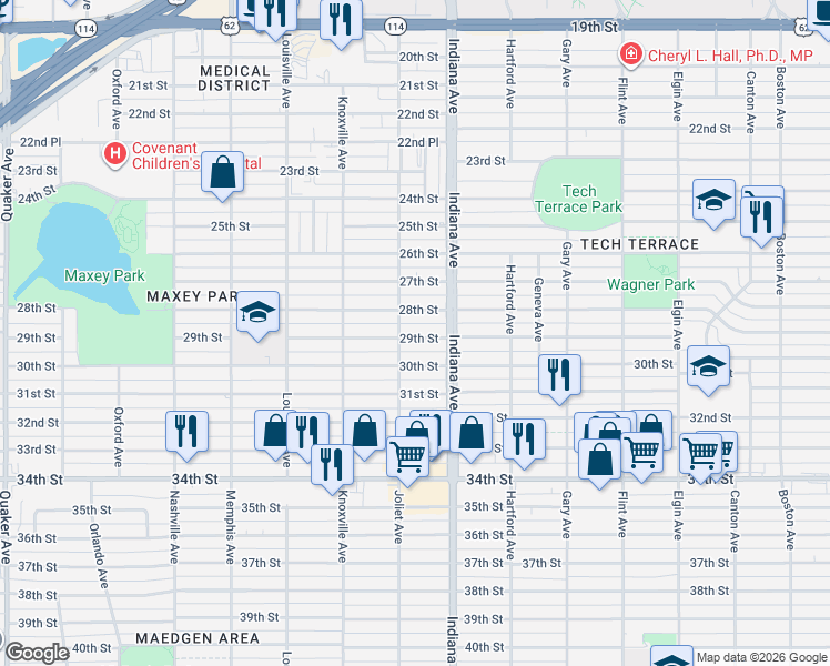 map of restaurants, bars, coffee shops, grocery stores, and more near 3411 28th Street in Lubbock