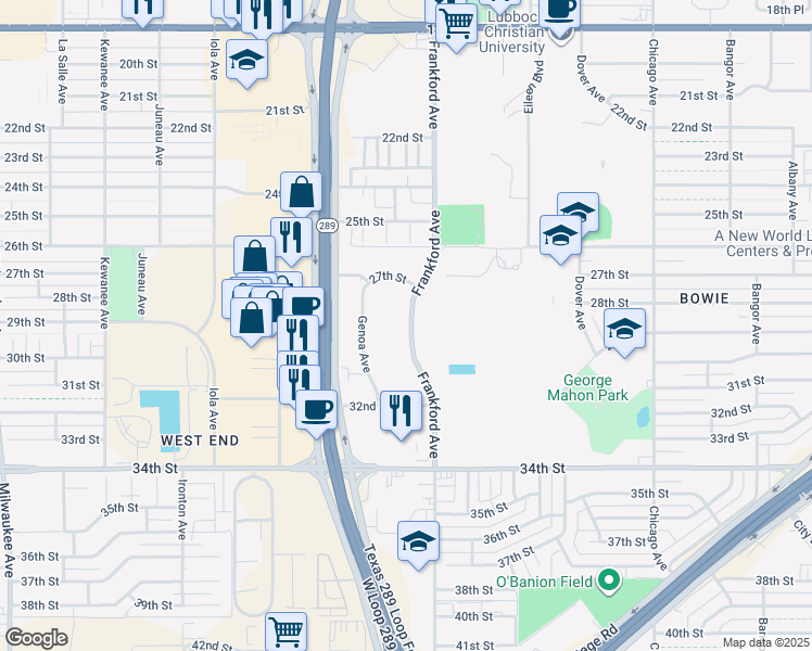 map of restaurants, bars, coffee shops, grocery stores, and more near 2702 Frankford Avenue in Lubbock