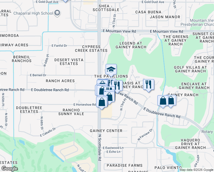 map of restaurants, bars, coffee shops, grocery stores, and more near 7337 East Gainey Ranch Road in Scottsdale