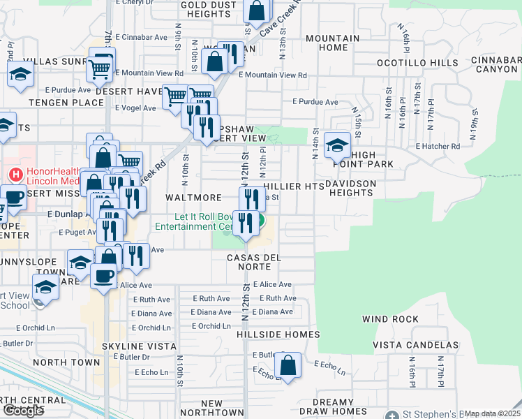 map of restaurants, bars, coffee shops, grocery stores, and more near 1219 East Eva Street in Phoenix
