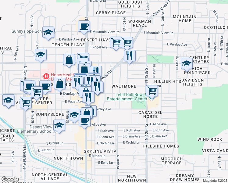 map of restaurants, bars, coffee shops, grocery stores, and more near 9017 North 8th Street in Phoenix