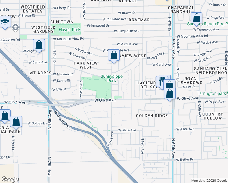 map of restaurants, bars, coffee shops, grocery stores, and more near 7080 West Eva Street in Peoria
