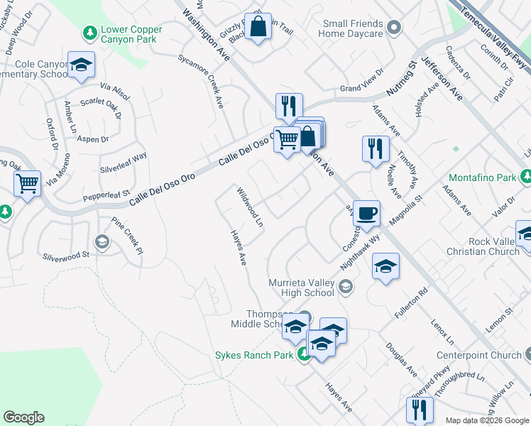 map of restaurants, bars, coffee shops, grocery stores, and more near 23779 Fernview Way in Murrieta