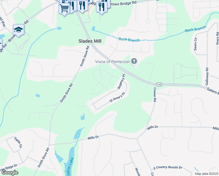 map of restaurants, bars, coffee shops, grocery stores, and more near 20 Geranium Lane in Covington