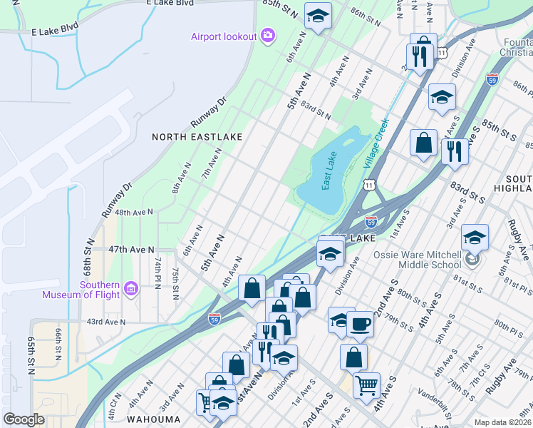map of restaurants, bars, coffee shops, grocery stores, and more near 8010 4th Avenue North in Birmingham