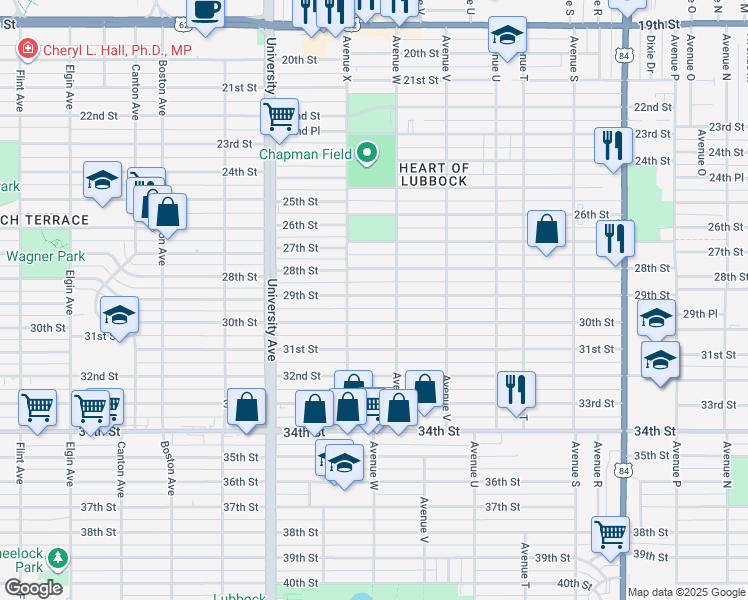 map of restaurants, bars, coffee shops, grocery stores, and more near 2314 29th Street in Lubbock