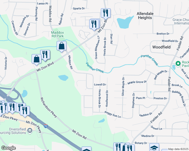 map of restaurants, bars, coffee shops, grocery stores, and more near 6864 Maddox Road in Morrow