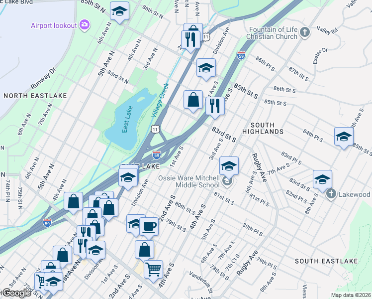 map of restaurants, bars, coffee shops, grocery stores, and more near 109 82nd Street South in Birmingham