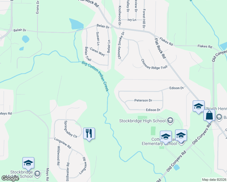 map of restaurants, bars, coffee shops, grocery stores, and more near 265 Edison Drive in Stockbridge