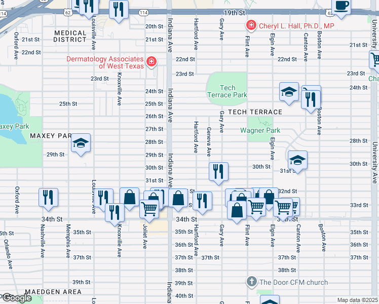 map of restaurants, bars, coffee shops, grocery stores, and more near 3303 28th Street in Lubbock