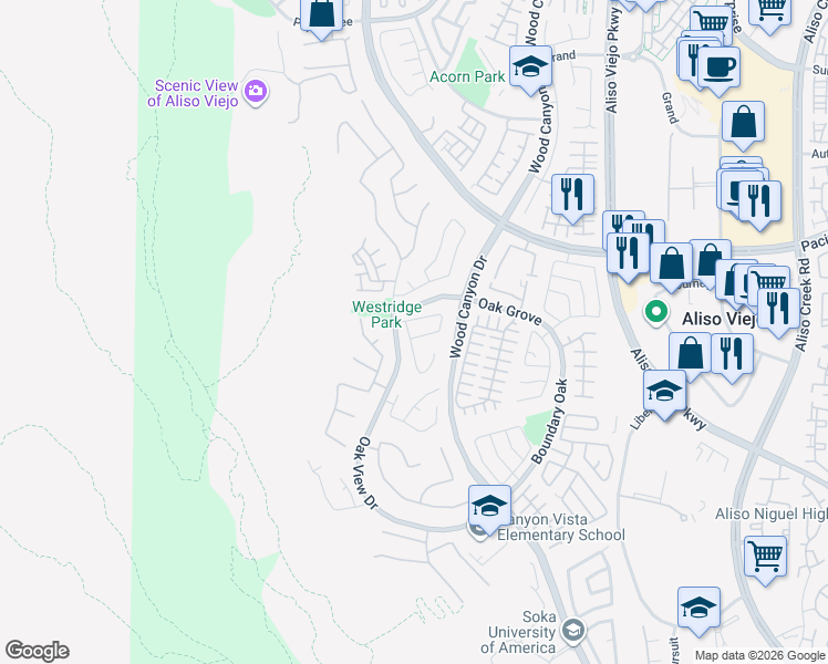 map of restaurants, bars, coffee shops, grocery stores, and more near 1 Country Walk Drive in Aliso Viejo