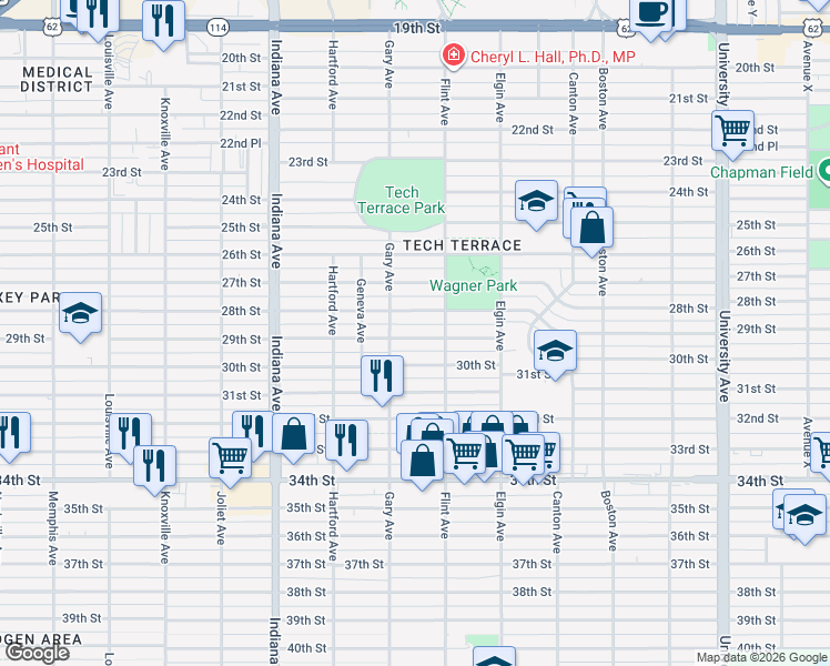 map of restaurants, bars, coffee shops, grocery stores, and more near 3117 28th Street in Lubbock