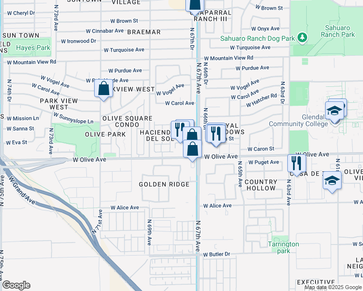 map of restaurants, bars, coffee shops, grocery stores, and more near 6750 West Olive Avenue in Peoria