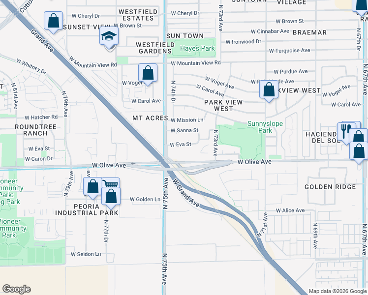 map of restaurants, bars, coffee shops, grocery stores, and more near 7372 West Eva Street in Peoria