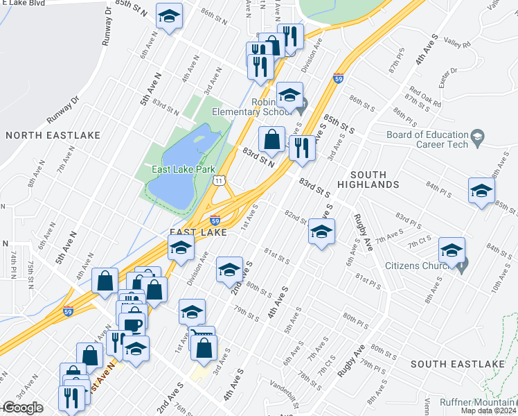 map of restaurants, bars, coffee shops, grocery stores, and more near 8149 1st Avenue South in Birmingham