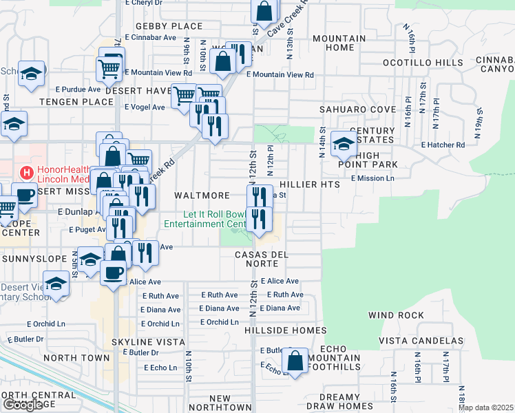 map of restaurants, bars, coffee shops, grocery stores, and more near 1219 East Eva Street in Phoenix