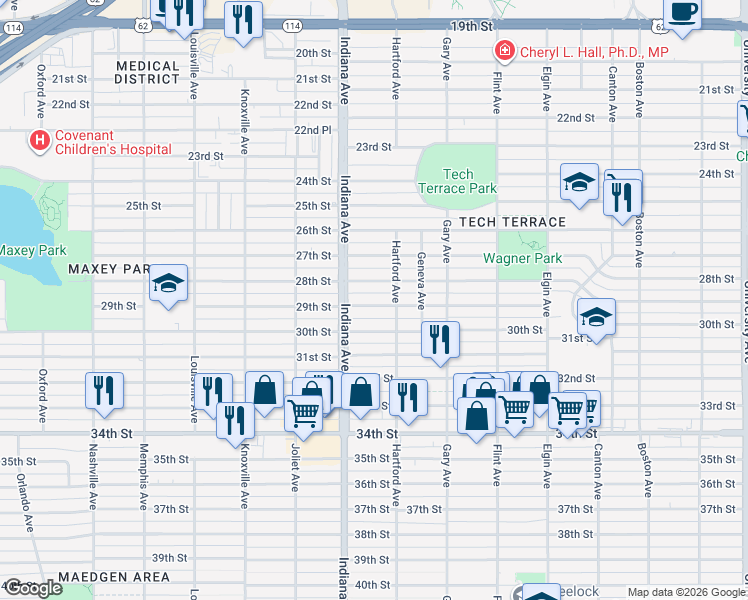 map of restaurants, bars, coffee shops, grocery stores, and more near 3310 29th Street in Lubbock