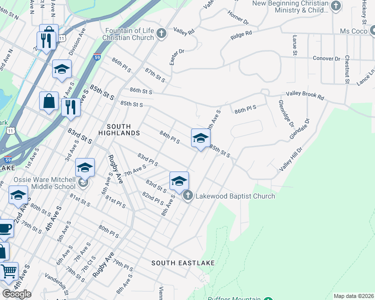 map of restaurants, bars, coffee shops, grocery stores, and more near 740 84th Place South in Birmingham