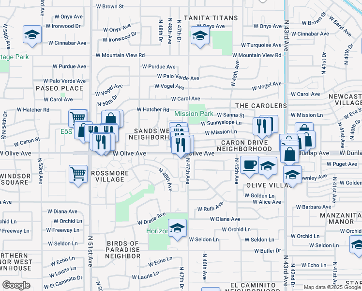 map of restaurants, bars, coffee shops, grocery stores, and more near 4720 West Eva Street in Glendale