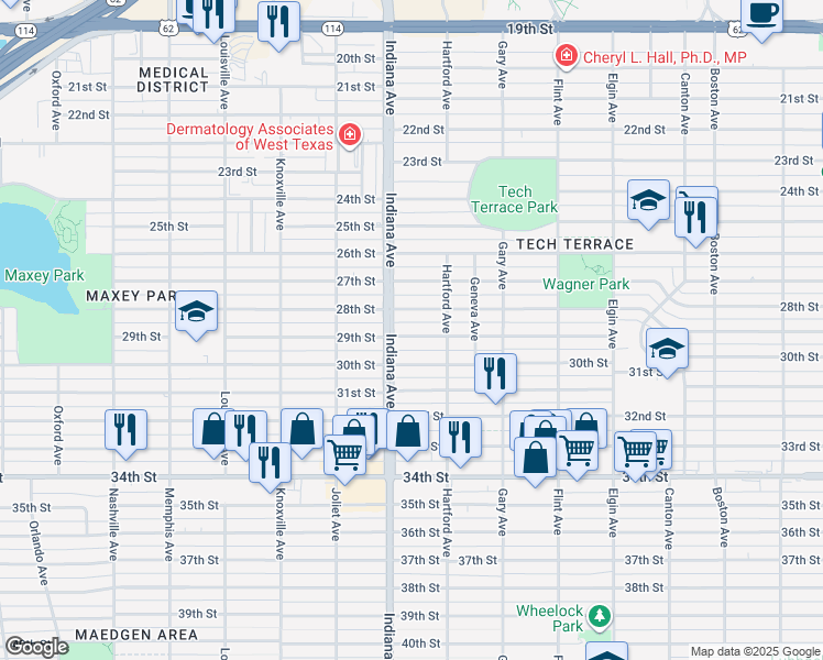 map of restaurants, bars, coffee shops, grocery stores, and more near 3319 28th Street in Lubbock