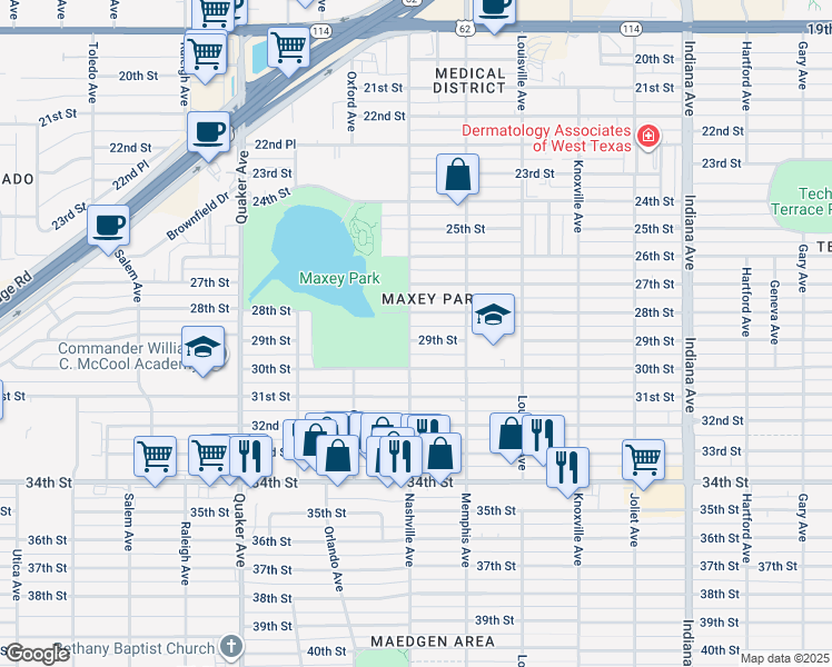 map of restaurants, bars, coffee shops, grocery stores, and more near 3820 29th Street in Lubbock