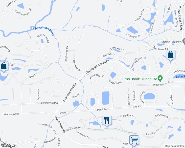 map of restaurants, bars, coffee shops, grocery stores, and more near 28 Willowbend Drive in Murrells Inlet