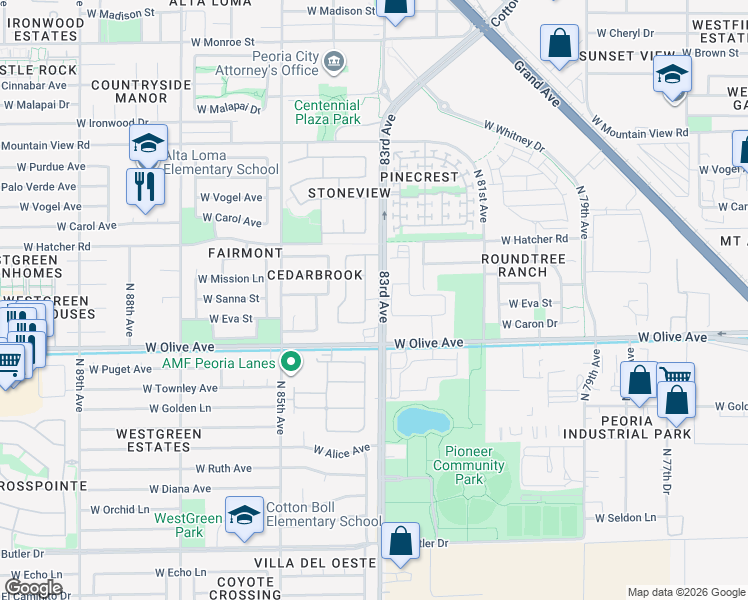 map of restaurants, bars, coffee shops, grocery stores, and more near 9201 North 83rd Avenue in Peoria