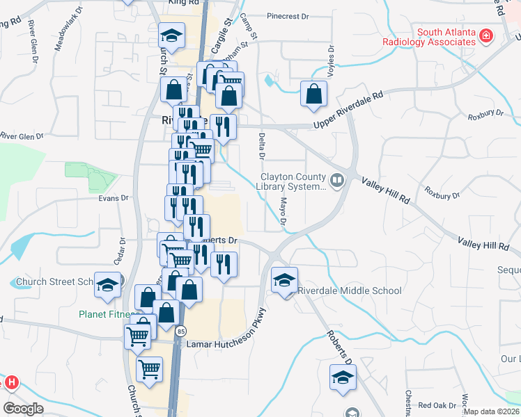 map of restaurants, bars, coffee shops, grocery stores, and more near 6828 Delta Drive in Riverdale