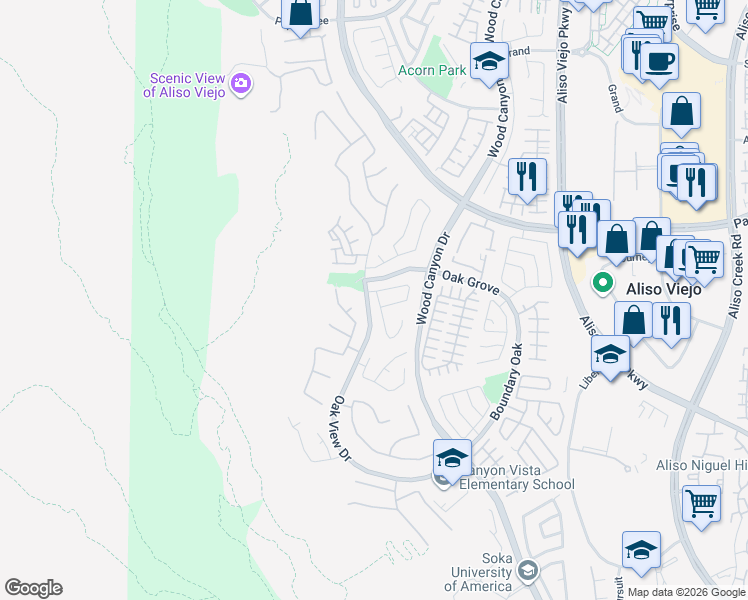 map of restaurants, bars, coffee shops, grocery stores, and more near 17 Bel Flora Court in Aliso Viejo