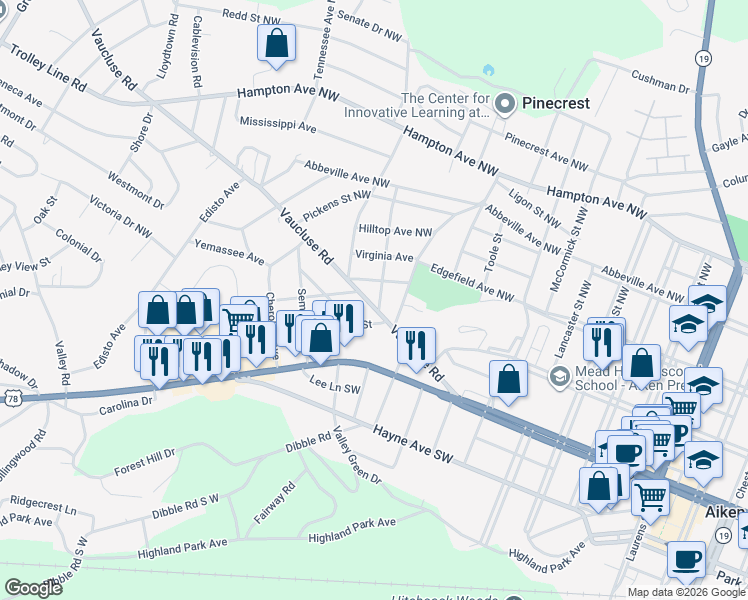 map of restaurants, bars, coffee shops, grocery stores, and more near 2930 Vaucluse Road in Aiken