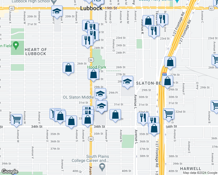 map of restaurants, bars, coffee shops, grocery stores, and more near 1523 28th Street in Lubbock