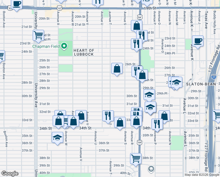 map of restaurants, bars, coffee shops, grocery stores, and more near 1920 29th Street in Lubbock