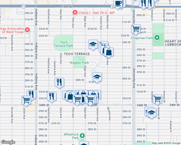 map of restaurants, bars, coffee shops, grocery stores, and more near 2811 28th Street in Lubbock