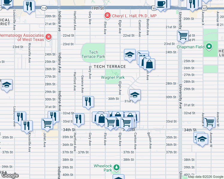 map of restaurants, bars, coffee shops, grocery stores, and more near 3009 28th Street in Lubbock