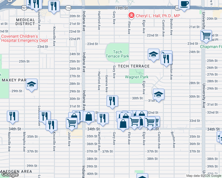 map of restaurants, bars, coffee shops, grocery stores, and more near 3207 28th Street in Lubbock