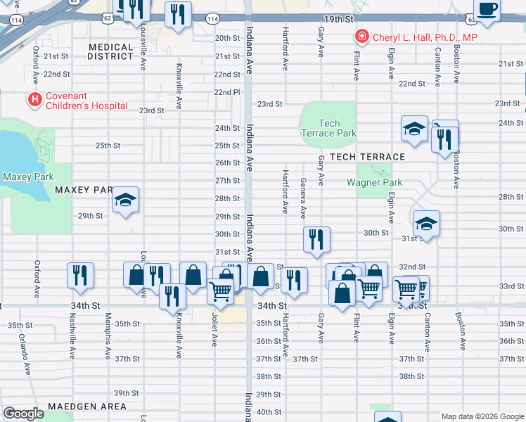 map of restaurants, bars, coffee shops, grocery stores, and more near 3319 28th Street in Lubbock