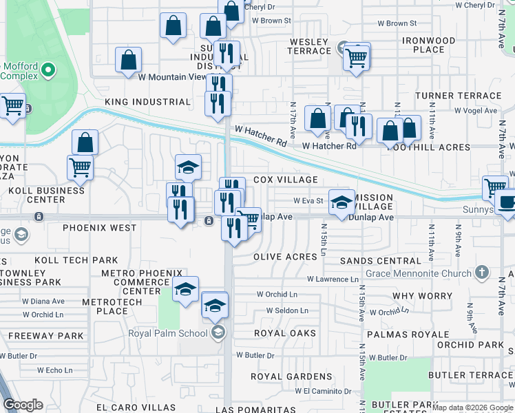 map of restaurants, bars, coffee shops, grocery stores, and more near 9021 North 18th Drive in Phoenix