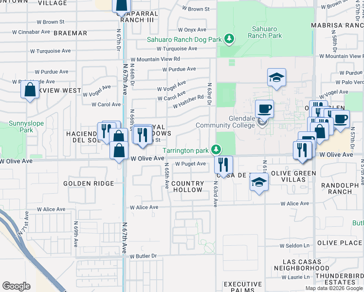 map of restaurants, bars, coffee shops, grocery stores, and more near 9032 North 64th Drive in Glendale