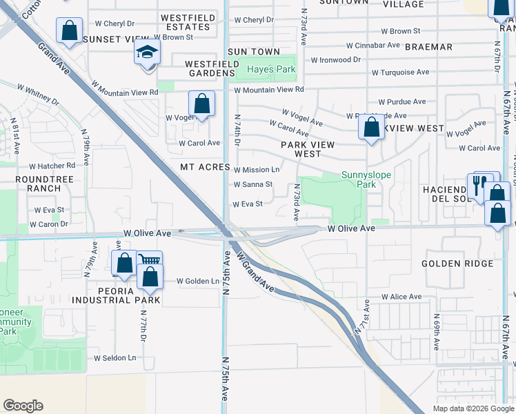 map of restaurants, bars, coffee shops, grocery stores, and more near 7372 West Eva Street in Peoria