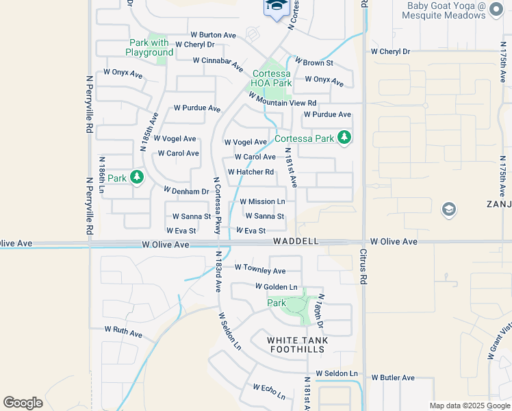 map of restaurants, bars, coffee shops, grocery stores, and more near 18164 West Mission Lane in Waddell