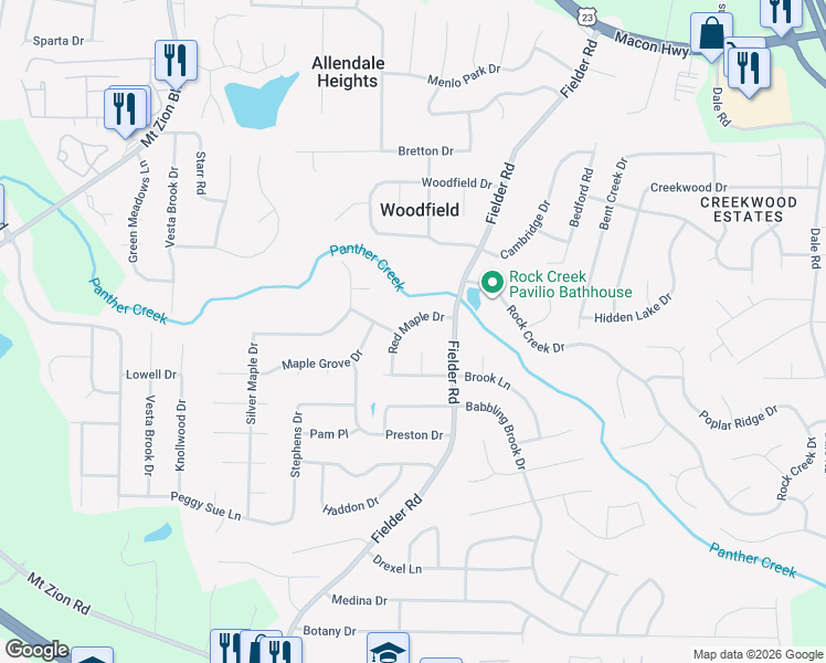 map of restaurants, bars, coffee shops, grocery stores, and more near 6817 Red Maple Drive in Rex