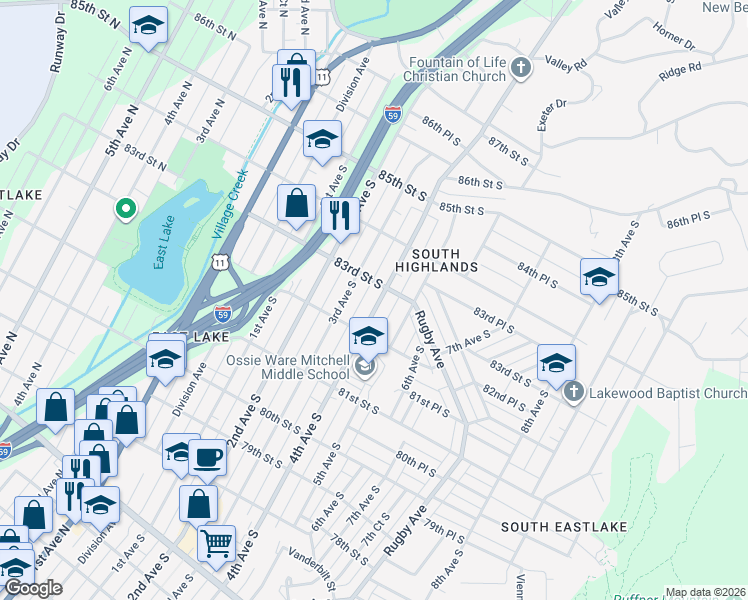 map of restaurants, bars, coffee shops, grocery stores, and more near in Birmingham