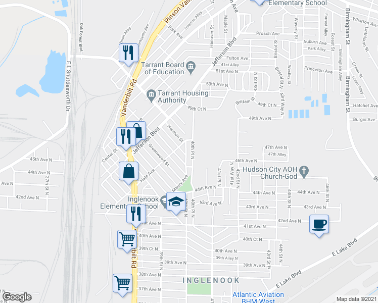 map of restaurants, bars, coffee shops, grocery stores, and more near 4541 40th Place North in Birmingham
