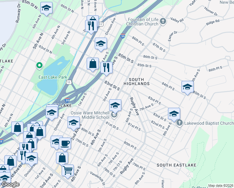 map of restaurants, bars, coffee shops, grocery stores, and more near in Birmingham
