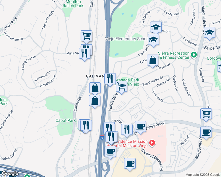 map of restaurants, bars, coffee shops, grocery stores, and more near 27101 Puerta Real in Mission Viejo