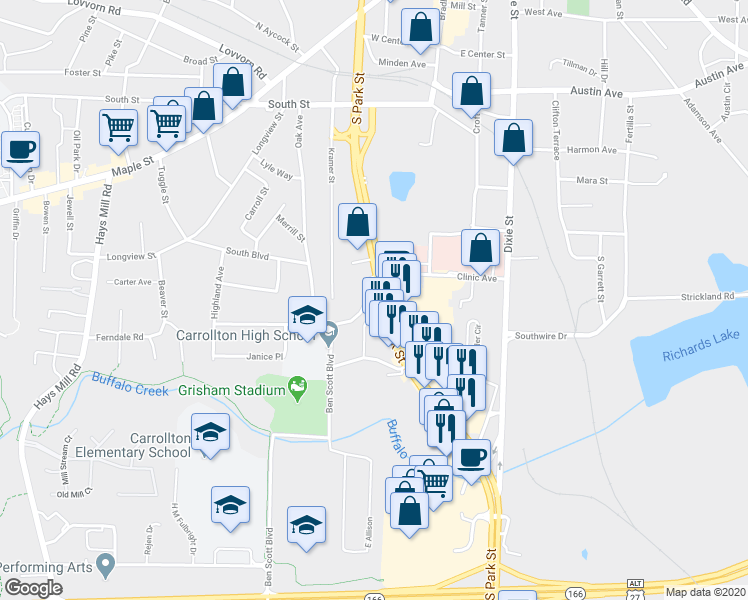 map of restaurants, bars, coffee shops, grocery stores, and more near 102 Trojan Drive in Carrollton