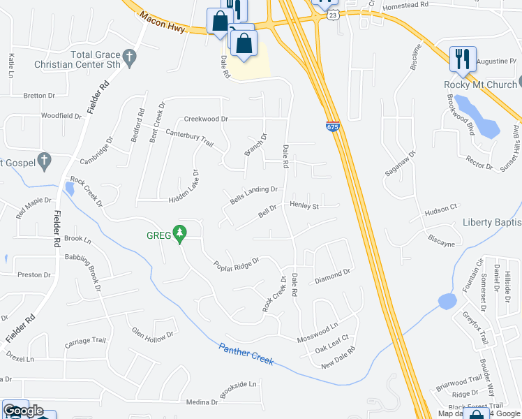 map of restaurants, bars, coffee shops, grocery stores, and more near 3402 Bell Drive in Rex